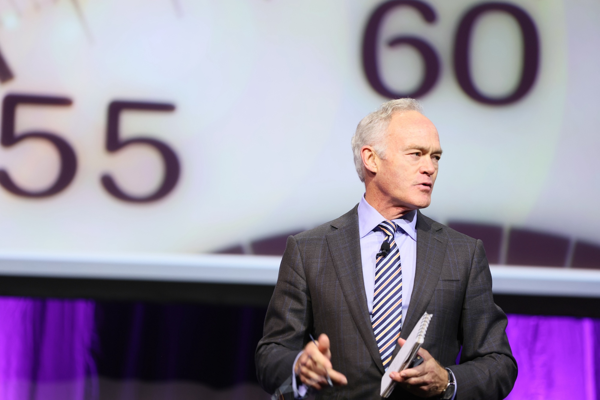 Scott Pelley speaking onstage during General Session for RLM 2023, in his presentation Truth Worth Telling